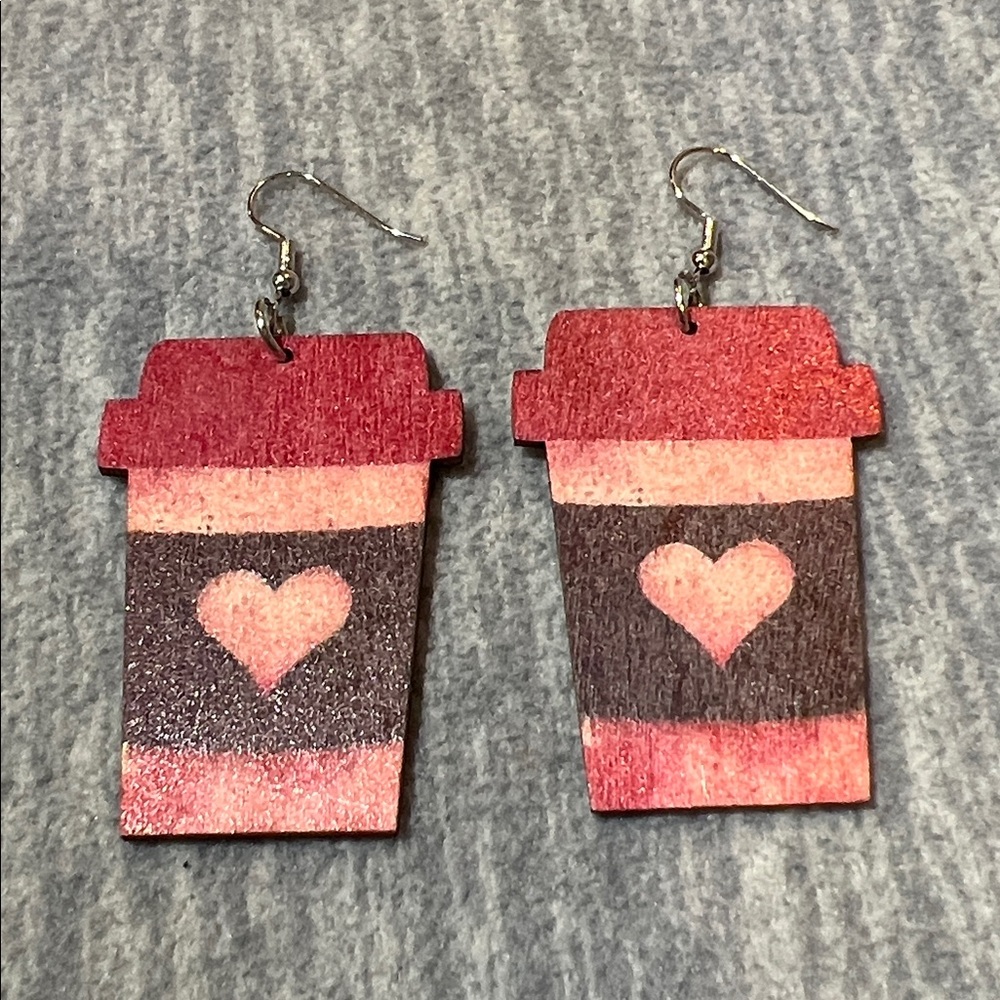 Earrings Valentines Day heart coffee cup wooden dangle lightweight colorful‎ new